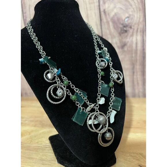 Woman’s Multilayer Teal and Silver Dangles Necklace - Picture 4 of 8